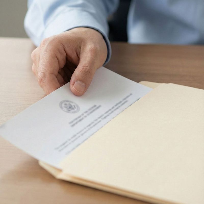 Close-up of a hand filing a partially blurred document into a folder, representing a criminal record or official file.