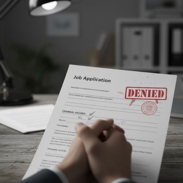 A desk with a paper document showing a red denial stamp, symbolizing the consequence of a criminal record.