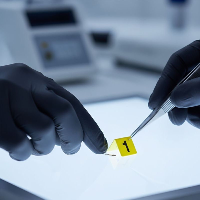 Forensic expert handling a small piece of physical evidence with gloves and tweezers.