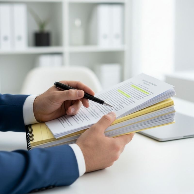 Hands reviewing and pointing at key sections of legal documents relating to witness testimony.