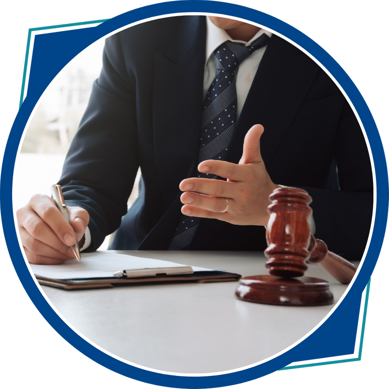 lawyer talking, gavel and clipboard